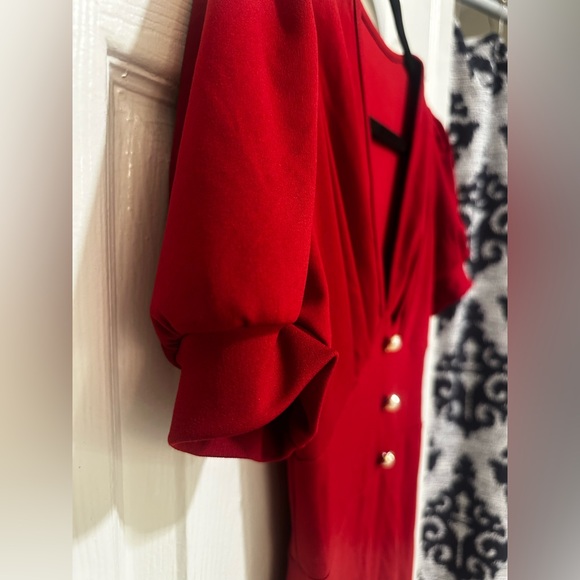 Long Red Dress With Sewn On Pearls and Puffed Sleeves - Picture 5 of 13